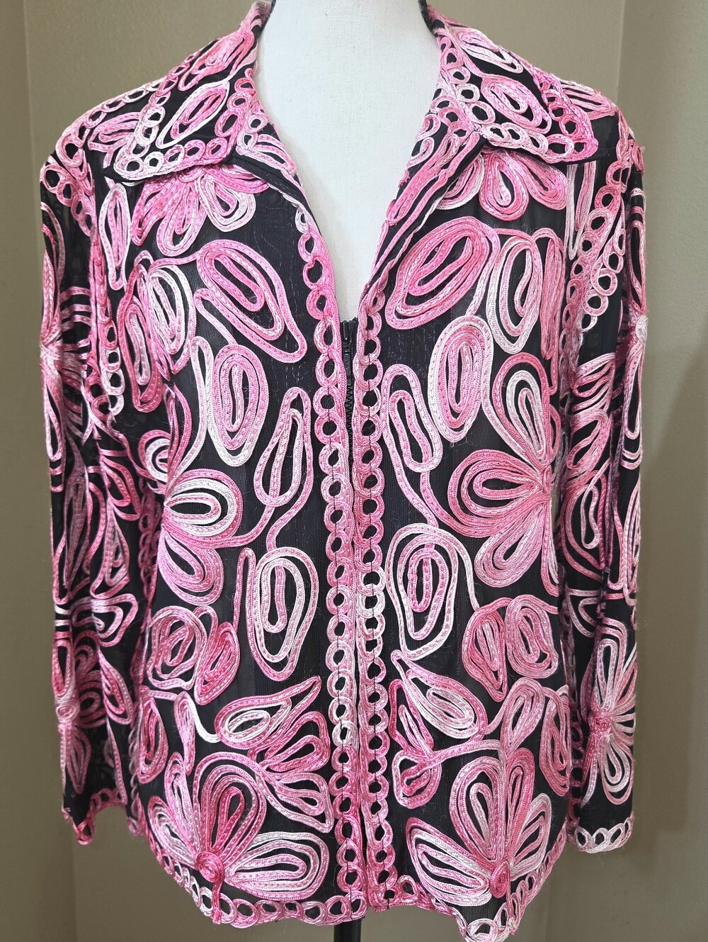 Black Zipper Down Shirt with Pink Floral Embroidery Sheer